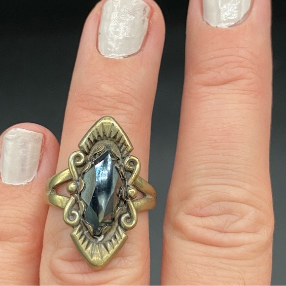 Art Deco Hematite and Brass Vintage Marquise Style Ring Silver Size 5.5Rare - Picture 6 of 16